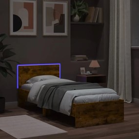 füstös tölgy színű ágykeret fejtámlával és LED-ekkel 75x190 cm