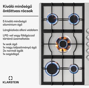 Klarstein Ignito 5, gázfőzőlap, 5 Sabaf égő, rozsdamentes acél, ezüst