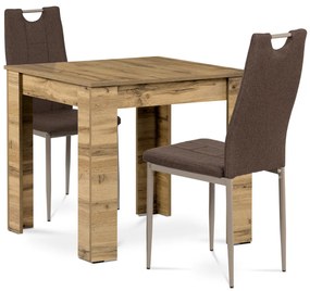 Set de sufragerie 1+2, masă 80x80 cm, MDF stejar wotan, scaune cu tapițerie din material maro
