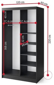 PRESCO 2 tolóajtós ruhásszekrény, 120x220x60, fekete