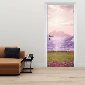 Fotótapéta ajtóra - Rózsaszín fák tóval (95x205cm)