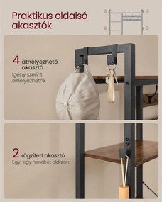 Előszobafal cipőpaddal, 9 akasztóval, 6 oldalsó kampóval és 5 tárolópolccal, 120 x 40 x 190 cm, rusztikus barna és tintafekete
