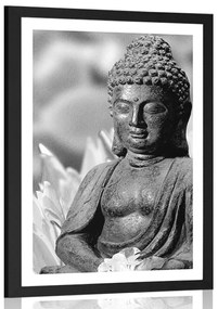 Poszter paszportuval békés Buddha fekete-fehérben