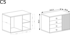 Aldabra Cali C-5 komód, tölgy, (fekete fém lábak nélkül)