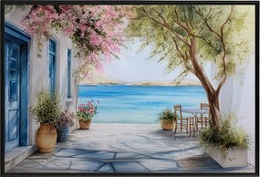 Poszter Alumínium Keret Görögország Terasz Bugenwilla Kilátás A Tengerre 60x40