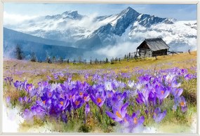 Poszter Keret Alumínium Krokodilok Hegyek Kunyhó Tisztás Tavasz Tájkép 60x40