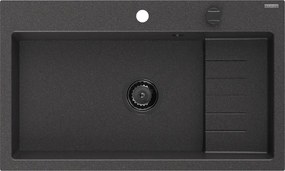 Mexen Omar egymedencés gránit mosogató 800 x 480 mm, fekete spriccelt, fekete szifon - 6520801005-76-B