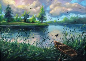 Kép - olajfestmény, Nyári este a tónál (üvegen) (70x50 cm)