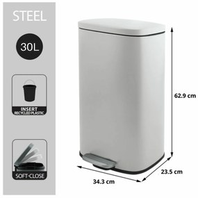 Spirella Soft-close Akira pedálos hulladékgyűjtő 30 l, matt fehér, 30 l