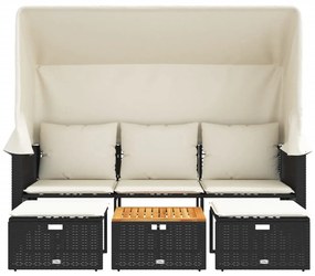 3 személyes fekete polyrattan kerti kanapé baldachinnal/székkel