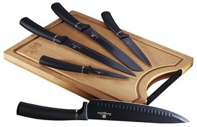 Matt fekete 6 részes rozsdamentes acél késkészlet bambusz vágódeszkával Berlinger Haus Matte Black