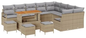 12 Részes Kerti Kanapészett Párnákkal Bézs Poli Rattan Akác, 3 Részes Kerti Étkező Szett Párnákkal Bézs Poli Rattan Akác, 2-Fős Kerti Kanapé Párnákkal Bézs Poli Rattan