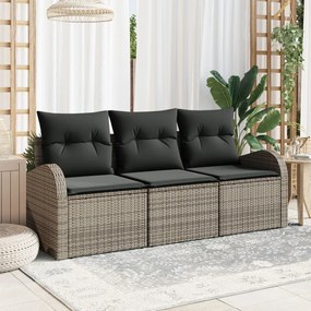 3 Db-os Kerti Kanapé Szett Párnákkal Szürke Poli Rattan, 2-Fős Kerti Kanapé Tárolóval és Párnákkal Szürke Poli Rattan