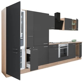 Yorki 360 konyhabútor sonoma tölgy korpusz,selyemfényű antracit front alsó sütős elemmel polcos szekrénnyel és alulfagyasztós hűtős szekrénnyel