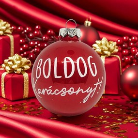 Piros Boldog karácsonyt feliratos kézzel festett karácsonyi üveggömb szett, 7 cm, 6 db