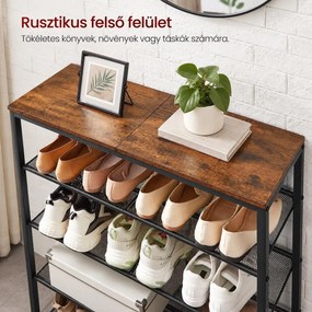 5 szintes cipőtartó 20–25 pár cipőhöz, 4 állítható hálós polccal, 75 x 28 x 93 cm, rusztikus barna és fekete