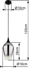 Globo 15552H3 Függeszték fém fekete matt, krómozott/átlátszó színátmenetes üveg búra, fekete textil kábel, magassága rövidíthető, ø: 180mm, M: 1200mm, 1x E27 60W 230V izzó nélkül