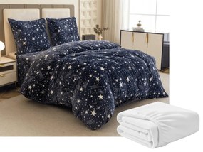 2 db Mikroplüss ágyneműhuzat STARLIGHT sötétkék + mikroplüss lepedő SOFT 180x200 cm fehér, franciaágyhoz