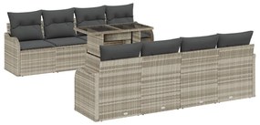 9 darabos kerti dívány szett párnákkal világosszürke poli rattan, 2 fős kerti dívány párnákkal világosszürke poli rattan
