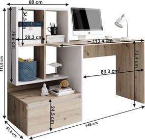 PC asztal, artisan tölgy/fehér matt, NEREO
