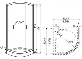 Madera 80x80 cm íves zuhanykabin zuhanytálcával