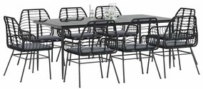 9 részes fekete polyrattan üveg kerti étkezőgarnitúra párnákkal