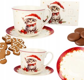 Karácsonyi csésze Livello porcelán 400ml csészealj Jumbo 15,5cm macska