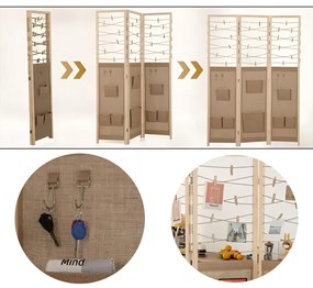 3 paneles paraván 8 tárolórekesszel és 4 akasztóval, natúr