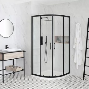 Elio Black 80X80 cm íves két tolóajtós zuhanykabin 6 mm vízlepergető biztonsági üveggel, fekete elemekkel, 190 cm magas
