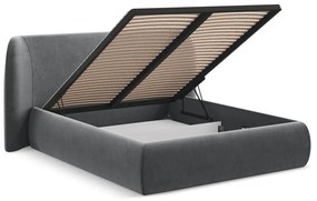 Sötétszürke kárpitozott ágyneműtartós franciaágy ágyráccsal 160x200 cm Hauke – Makamii