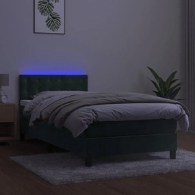 sötétzöld bársony rugós és LED-es ágy matraccal 90x190 cm