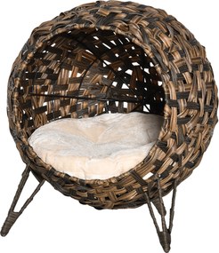 PawHut Rattan Macskaház párnával, Macskaágy Emelt Lábakkal, Barna Ø52 x 58 cm | Aosom