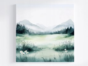 Vászonkép Canvas Akvarell Tájkép Hegyek Rét Virágok Tavasz Köd 80x80