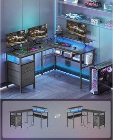 L alakú sarokíróasztal LED világítással, 4 konnektorral, 2 USB-porttal és monitorállvánnyal, 150 x 120 x 76 cm, fekete