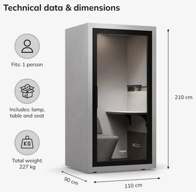 INBOX akusztikai irodai fülke 1 személyes, 2100 × 1100 × 900 mm
