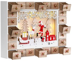 SANTA CLAUS fa adventi naptár világítással, 35x6x27cm, fehér/barna Spielwerk