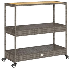 3 szintes szürke polyrattan és tömör akácfa zsúrkocsi