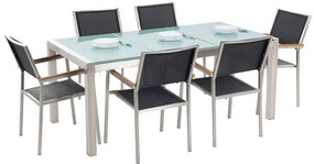 Hatszemélyes étkezőasztal repedezett osztott üveglappal és fekete textilén székekkel GROSSETO Beliani