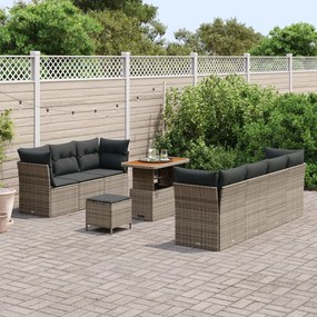 10 részes kerti kanapészett párnákkal szürke poli rattan akác, 3 részes kerti étkező szett párnákkal szürke poli rattan akác