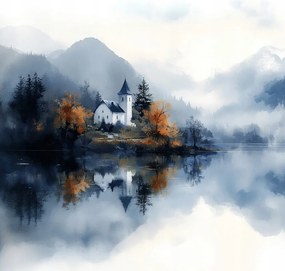 Vászonkép Canvas Tájkép Hegyek Tó Templom Ősz Erdő Köd 40x40