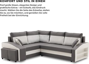 Grande sarokkanapé polcokkal és puffokkal , polc a jobb karfaban puffok a bal karfaban, baloldali, szövet anyag, bonell töltet, szürke - fehér