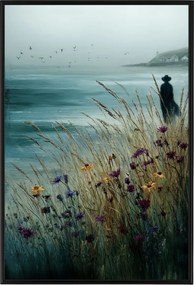 Poszter Keret Alumínium Tájkép Tenger Part Hullámok Virágok Fű Figura 40x60