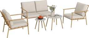 Outsunny 5 részes ülőgarnitúra, kertibútor szett 2 székkel, kávézó asztallal, 1 kétszemélyes kanapéval, ülőpárnákkal a teraszra, Krém | Aosom