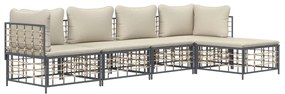 5 részes antracitszürke polyrattan kerti ülőgarnitúra párnákkal