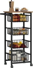 HOMCOM Konyhai Kocsi Munkalappal, 4 Ki Pull-Out Acél Kosárral, Görgős Kocsi Irodához, 49,5 x 31 x 91 cm, Tölgy | Aosom