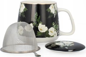 Porcelán bögre fém szűrővel és fedővel, fekete, 500 ml