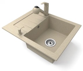 Gránit mosogatótálca NERO Monza + kihúzható zuhanyfejes Shower csaptelep + adagoló (bézs)