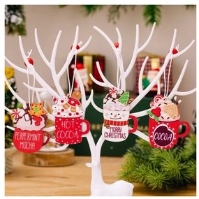 Fából készült karácsonyi dekorációs készlet HOT DRINKS, 12 db