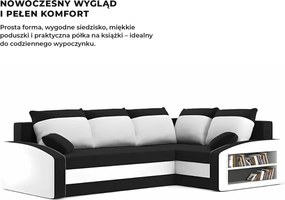 Grande sarokkanapé polcokkal , polc a jobb karfaban, jobboldali, szövet anyag, bonell töltet, fekete - fehér
