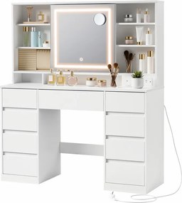 Fésülködő asztal, sminkasztal LED tükörrel és 9 fiókkal, szerszámmentes összeszerelés, Fehér